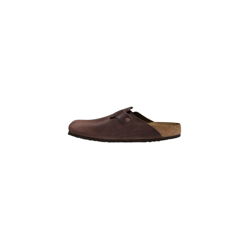Sandales Boston Birkenstock pour homme en cuir marron avec semelle intérieure en liège et semelle extérieure en caoutchouc noir, vues de l'arrière
