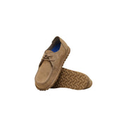 Birkenstock Herren-Mokassins aus beigefarbenem Wildleder mit Schnürung aus hellbraunem Wildleder, strukturierter Gummisohle und blauem Futter