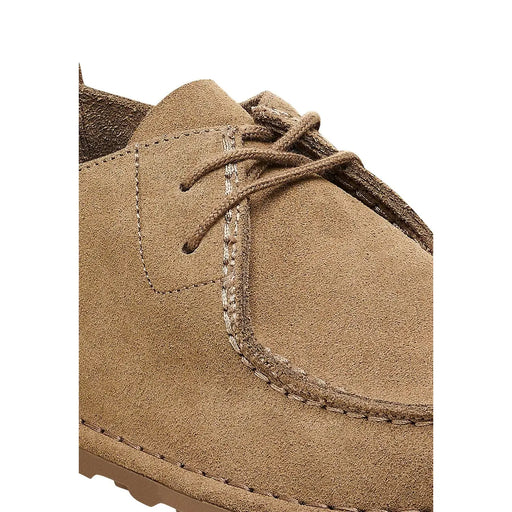 Birkenstock mens beige suede moccasin shoe with tan lace-up design and visible stitching details
