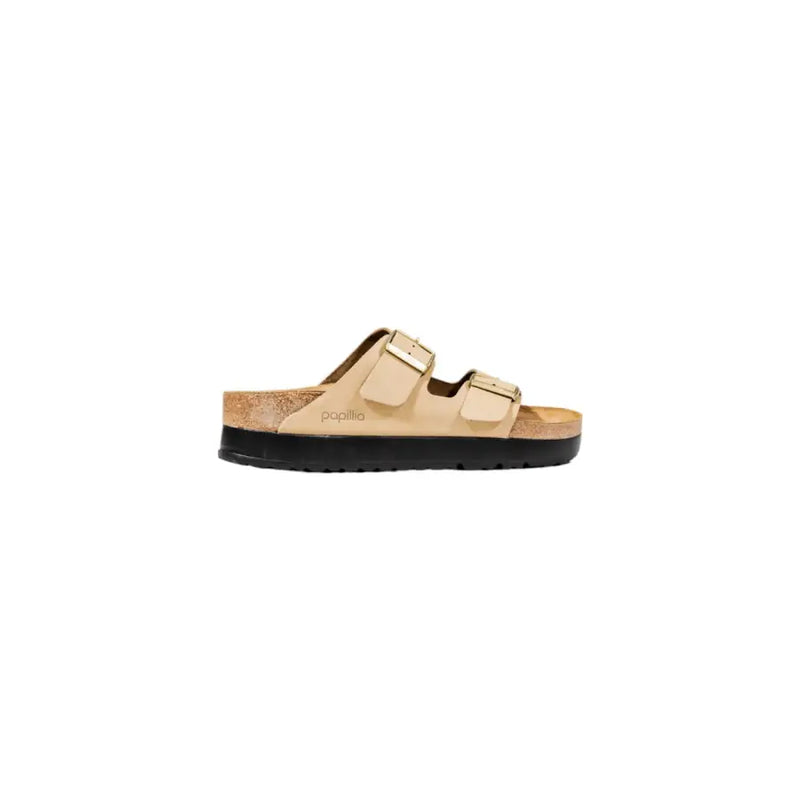Birkenstock womens beige rubber slippers with adjustable straps and cork footbed