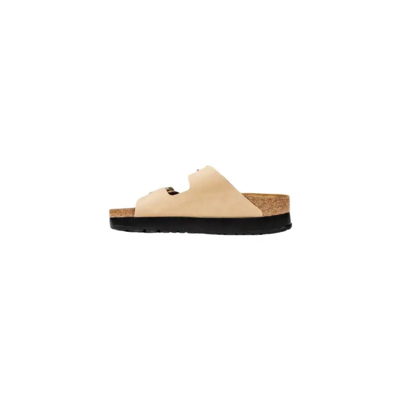 Birkenstock womens beige leather slide sandals with cork footbed