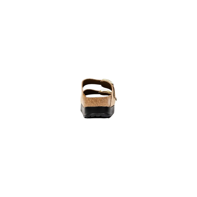 Birkenstock women beige synthetic arizona slippers with gold color cork footbed and black rubber sole front view