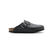 Birkenstock women black leather Boston sandals featuring a silver buckle and cork footbed in a clog design