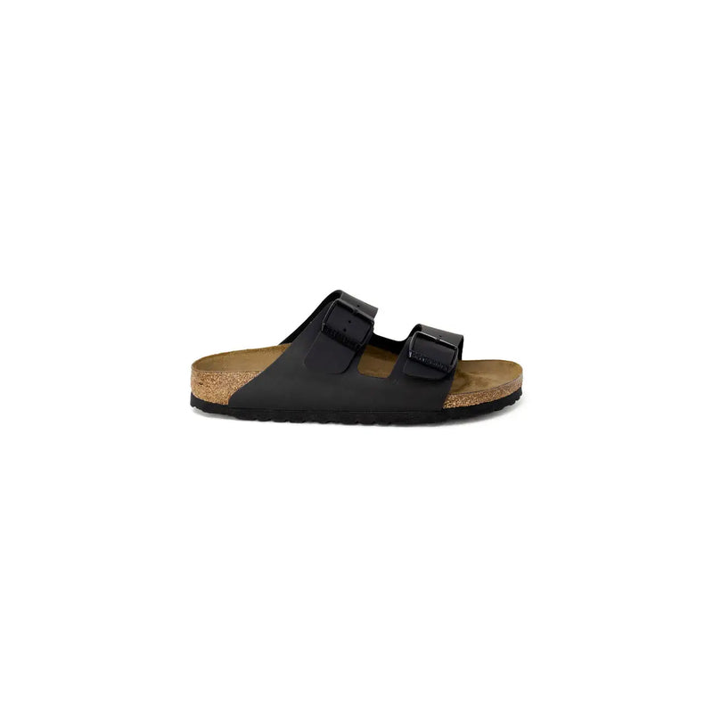 Birkenstock women black slippers with two adjustable buckle straps and cork footbed for casual wear