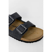 Birkenstock women black leather arizona sandals with silver buckle hardware and cork footbed size 3 slippers