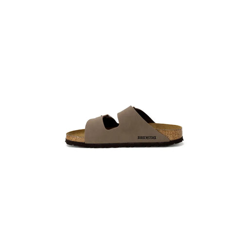 Birkenstock women brown leather sandals size 3 with gray suede two straps cork footbed and black rubber sole