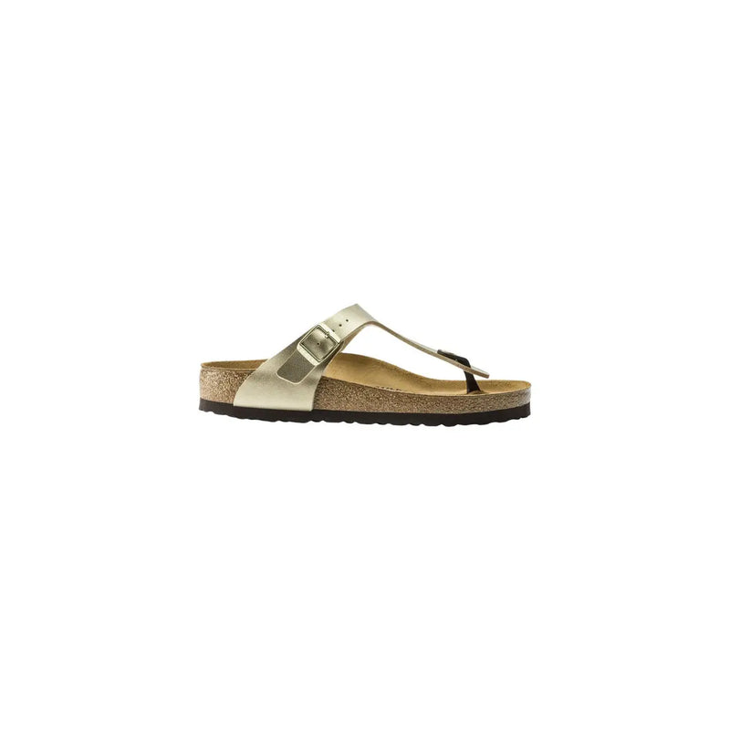 Birkenstock women gold slippers german made gold metallic gizeh sandal with cork footbed and black rubber sole