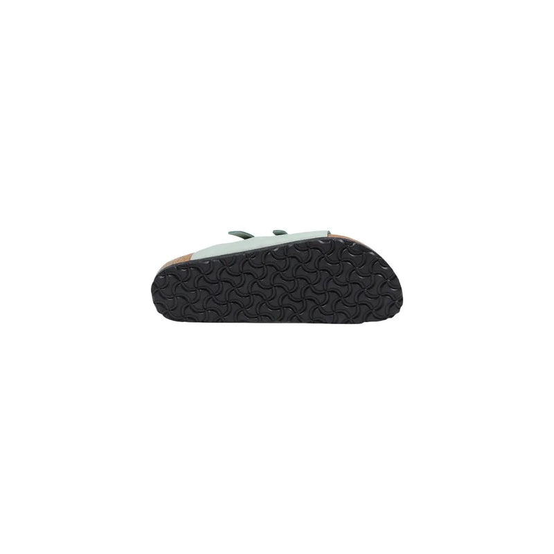 Birkenstock women green leather open toe slippers in light green suede with black rubber sole and tan cork footbed