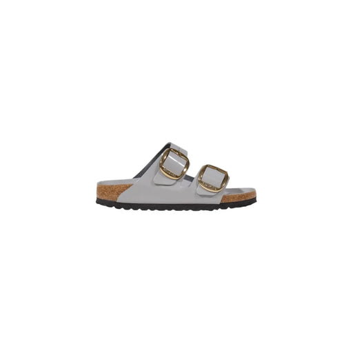 Birkenstock women leather arizona sandal in light gray patent leather with gold-tone double buckle straps and cork footbed