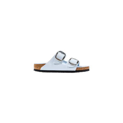 Birkenstock women leather arizona sandals in white with silver buckle straps and cork footbed displayed from front view