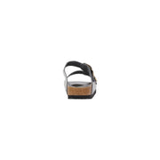 Birkenstock women leather arizona sandal in grey with black leather straps, cork footbed, and metallic buckle