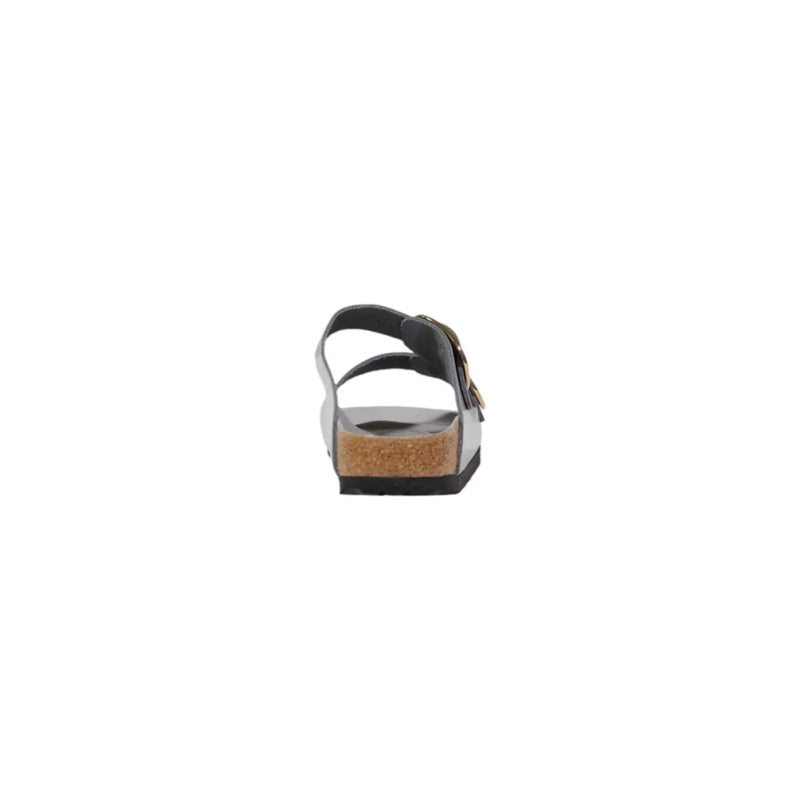 Birkenstock women leather arizona sandal in grey with black leather straps, cork footbed, and metallic buckle