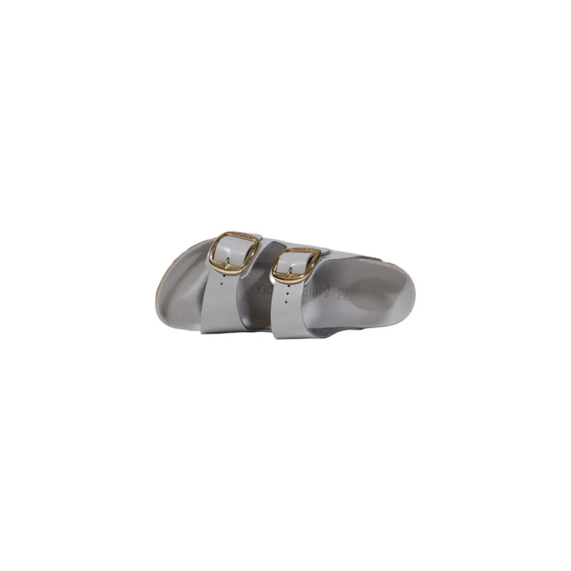 Birkenstock women leather Arizona sandals grey featuring silver leather with two gold-toned buckle straps