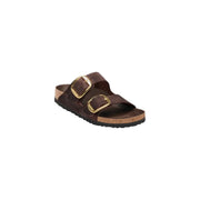 Birkenstock women leather sandals brown arizona with two gold-tone buckle straps and cork footbed front view