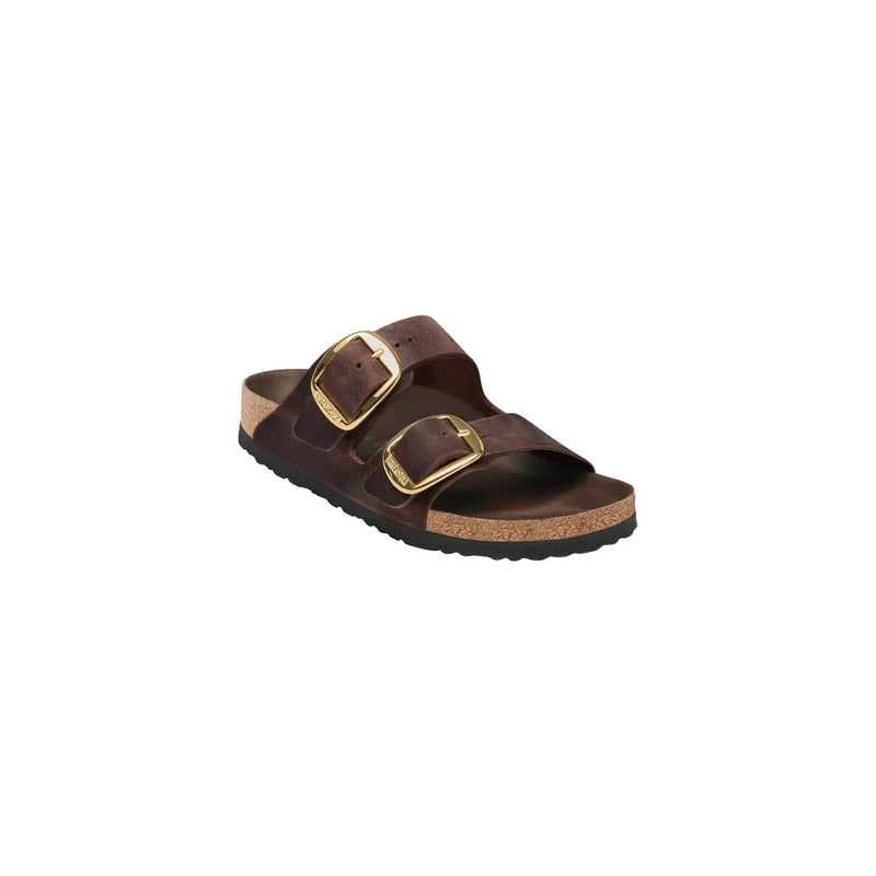 Birkenstock women leather sandals brown arizona with two gold-tone buckle straps and cork footbed front view