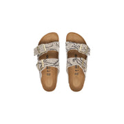Beige snake-print birkenstock women leather sandals arizona style with gold-tone buckles and grey accents