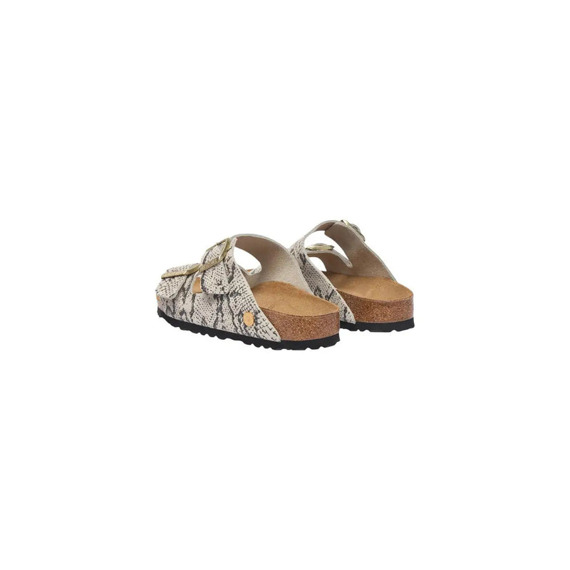 Birkenstock women leather sandals grey arizona with snake print, gold-tone buckles, and cork footbed
