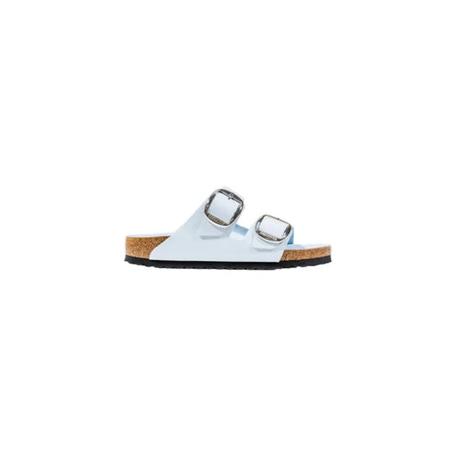 Light blue Birkenstock faux leather slip-on sandal with silver buckles