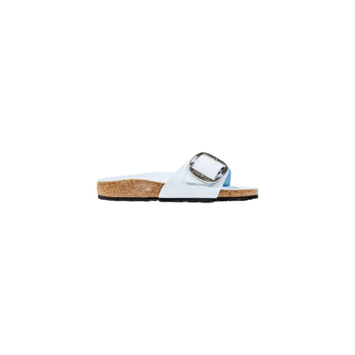 Birkenstock white sandal with silver buckle, cork sole, light blue faux leather