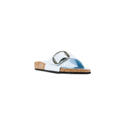 Birkenstock women light blue faux leather slide sandal with silver buckle
