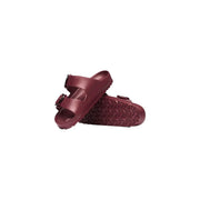 Birkenstock women sandals bordeaux EVA rubber Arizona with maroon two straps textured sole and metallic buckle accents