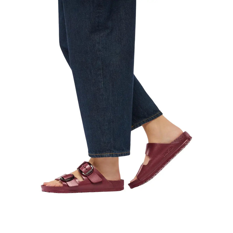 Birkenstock women sandals bordeaux two-buckle slide sandals with maroon leather-look and textured rubber sole