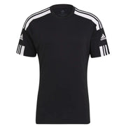 Black Adidas T shirt with white stripes, stylish sportswear for athletes