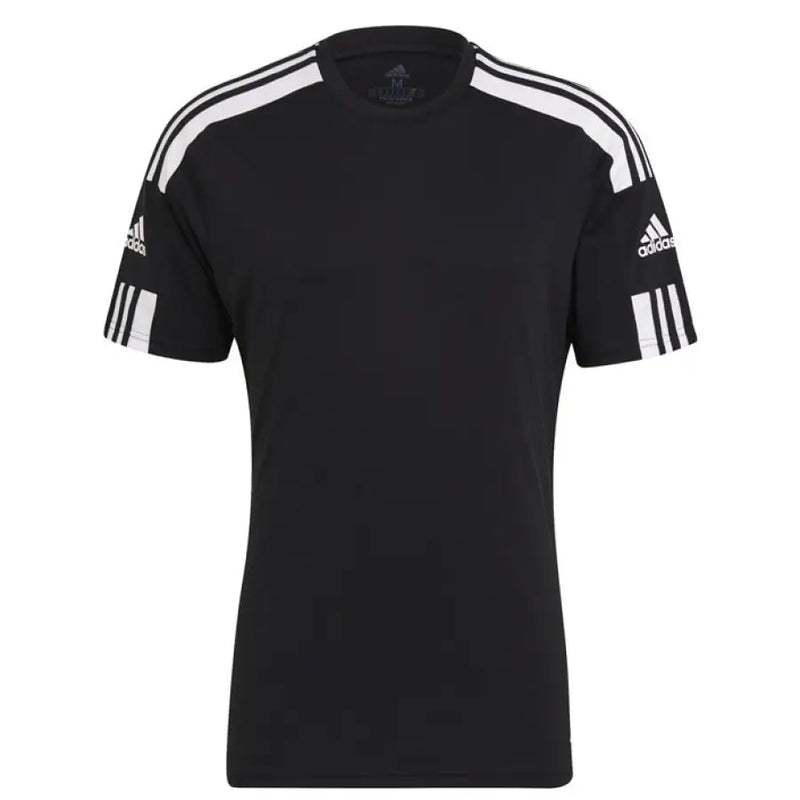 Black Adidas T shirt with white stripes, stylish sportswear for athletes