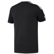 Black Adidas t shirt with white stripes along shoulders and sleeve cuffs showing the front side design