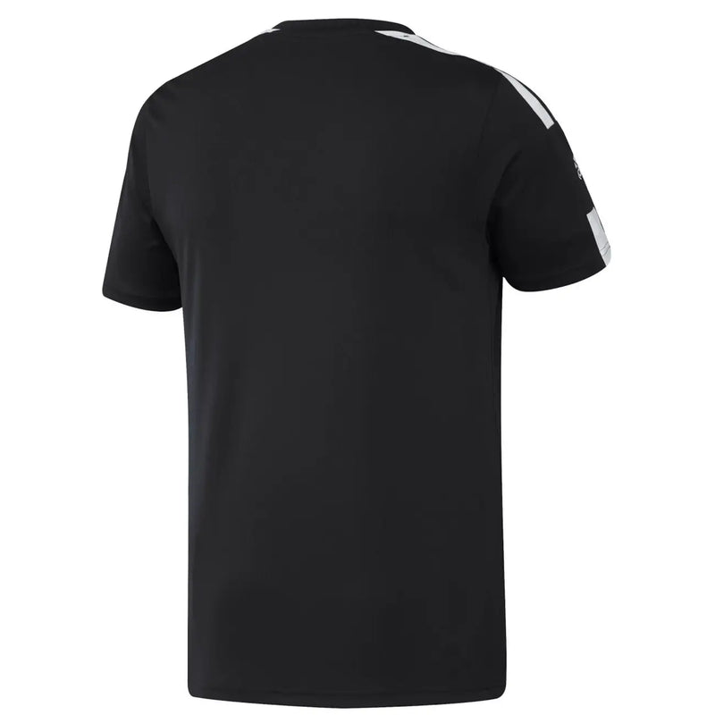 Black Adidas t shirt with white stripes along shoulders and sleeve cuffs showing the front side design