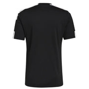 Black Adidas short-sleeved athletic t shirt with white stripes on shoulders and sleeves for sportswear use
