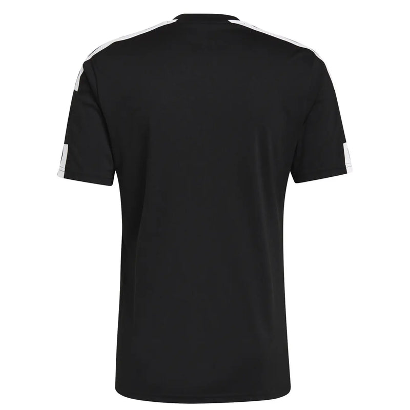 Black Adidas short-sleeved athletic t shirt with white stripes on shoulders and sleeves for sportswear use