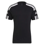 Black Adidas T shirt with white stripes, stylish sportswear for athletes