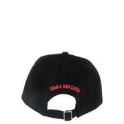 Black baseball cap with red lettering shown as a stylish accessory for men and women