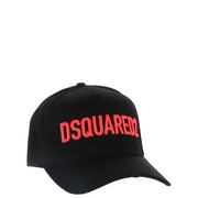 Black dsquared2 baseball cap featuring bold red embroidered logo on black fabric for casual wear