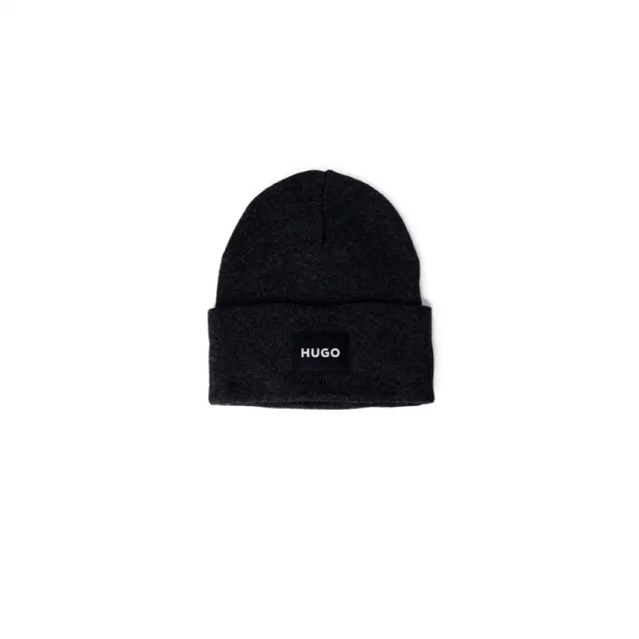 
                      
                        Black Hugo beanie hat for men, perfect fall winter product showcasing caps season.
                      
                    