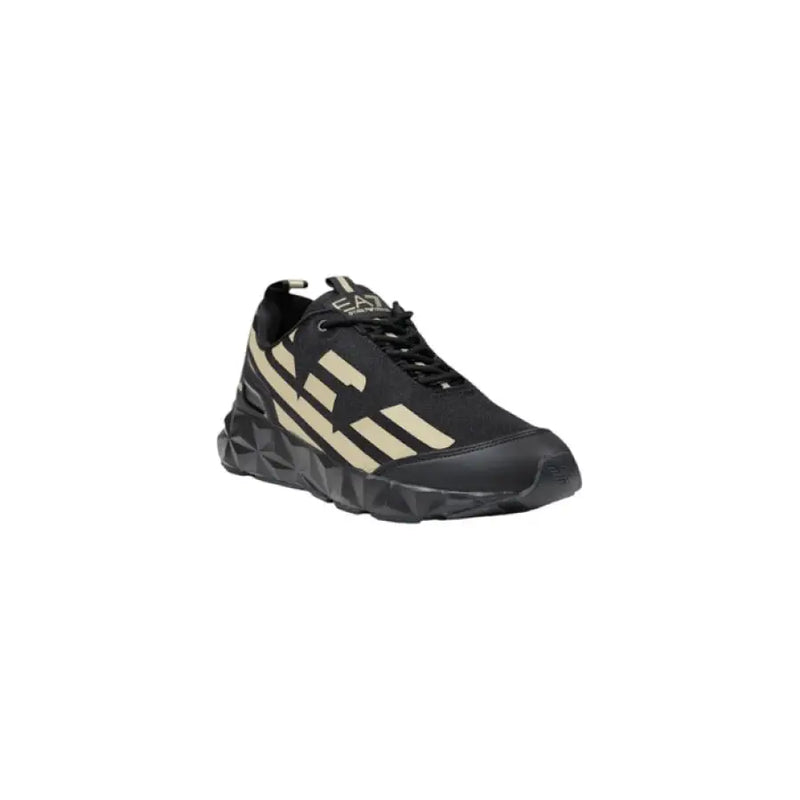 Black and beige geometric athletic shoe displayed on a plain background