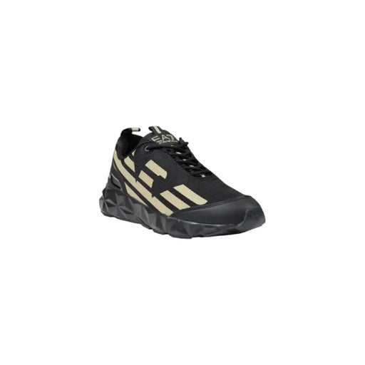 Black and beige geometric athletic shoe displayed on a plain background