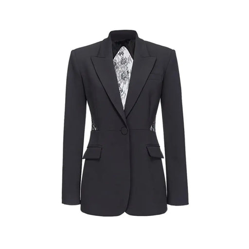 Black blazer featuring lace accents and a lace back for elegant fashion style