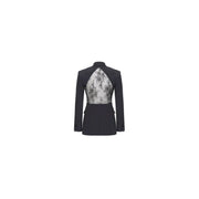 Black blazer with lace back and accents, stylish formal wear for women
