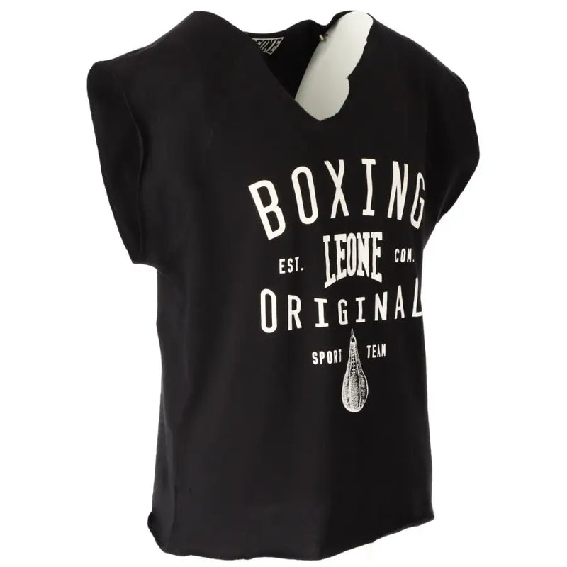 Black sleeveless v-neck t-shirt with white boxing leone original sport team graphic and stylized boxing glove emblem