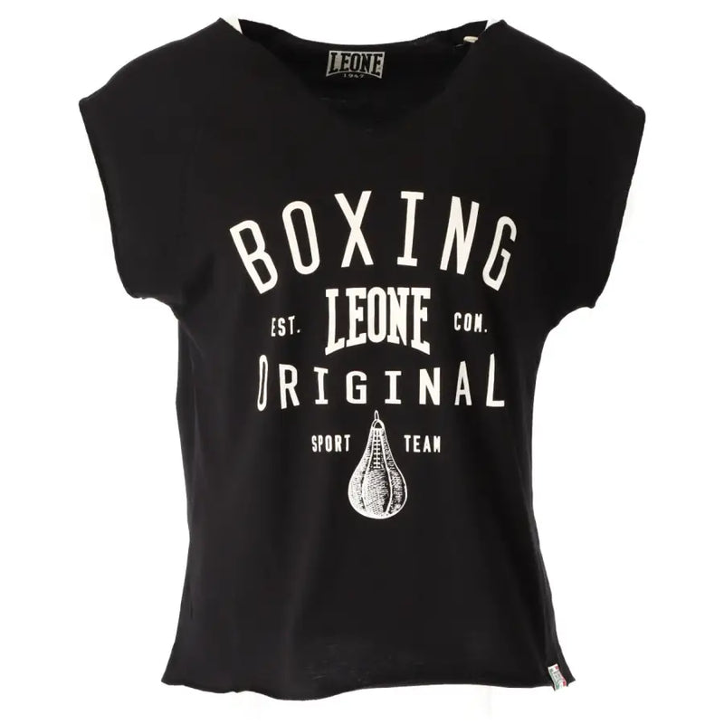 Black short-sleeved cotton t shirt featuring white boxing leone original graphic with a boxing bag illustration