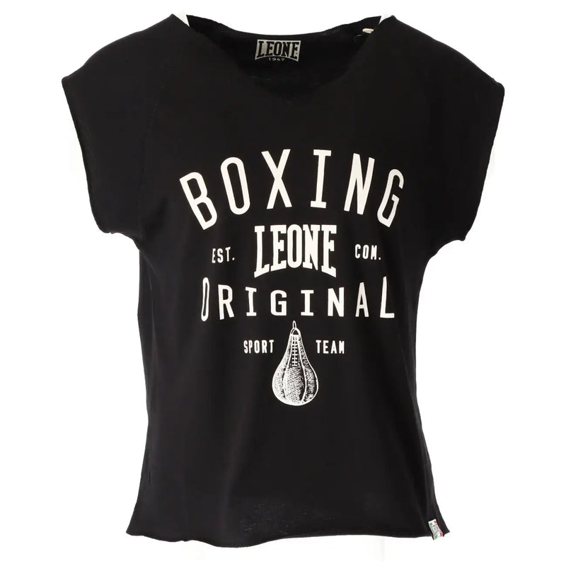 Black short-sleeved cotton t shirt featuring white boxing leone original graphic with a boxing bag illustration