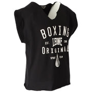 Black sleeveless v-neck t-shirt with white boxing leone original sport team graphic and stylized boxing glove emblem