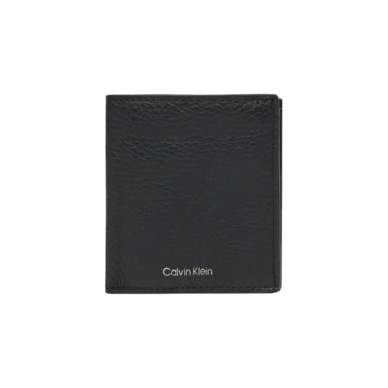 Black Calvin Klein textured leather wallet displayed in a product image