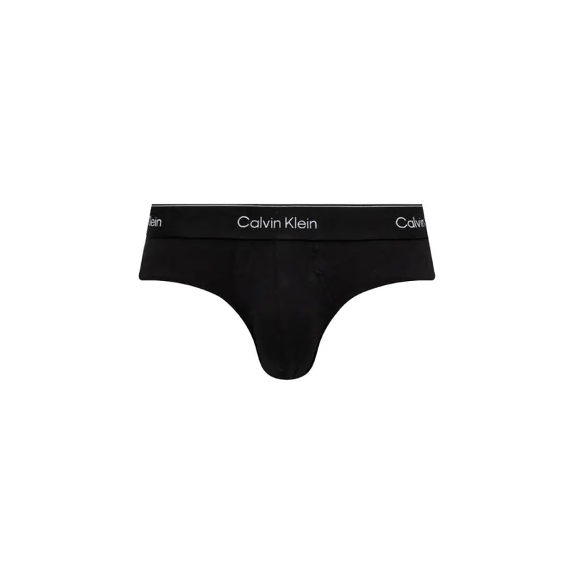 Black Calvin Klein briefs with white logo elastic band from the thong and brief collection in soft fabric