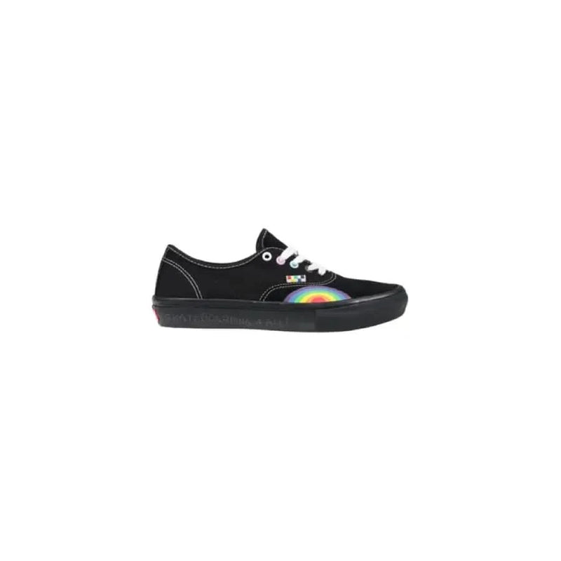 Black Vans Women’s Leather Sneakers featuring vibrant rainbow detail on the side