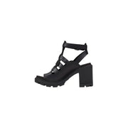 Black leather open toe heeled sandal with chunky heel for stylish comfort