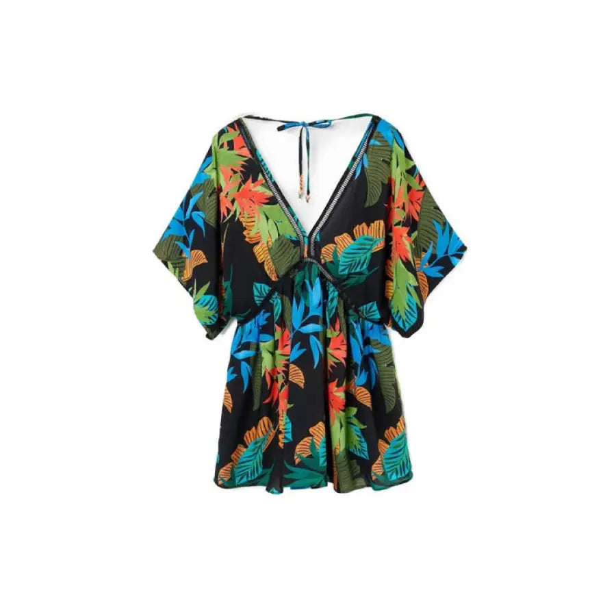 Desigual Women’s Dress - Black Top with Colorful Tropical Print, Urban Style Clothing