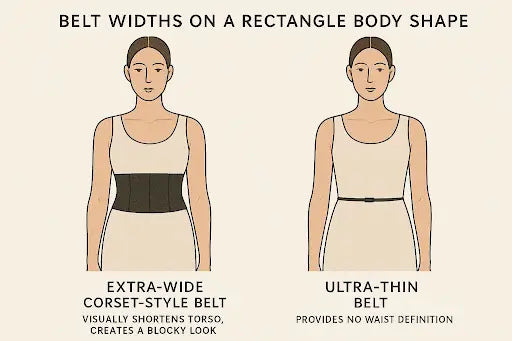 Breite und dünne Gürtel, die nicht zu einer rechteckigen Körperform passen